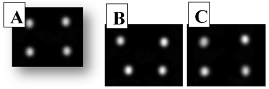 Figura 2. Coregistro elástico: imagem basal (A) empregada como referência para ajustar imagem em que a fonte superior esquerda foi deslocada (B), resultando na imagem corrigida (C)